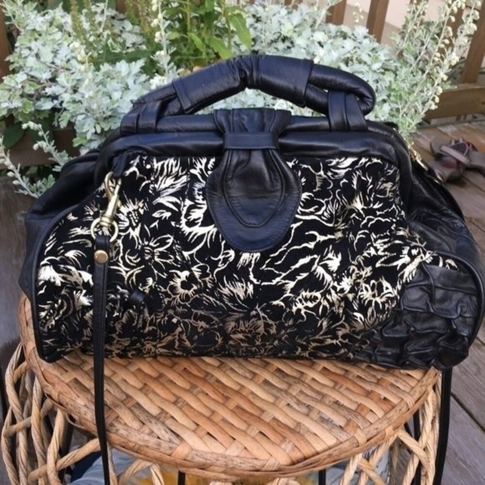 Lopez Camacho Gold Floral Design Leather Bag